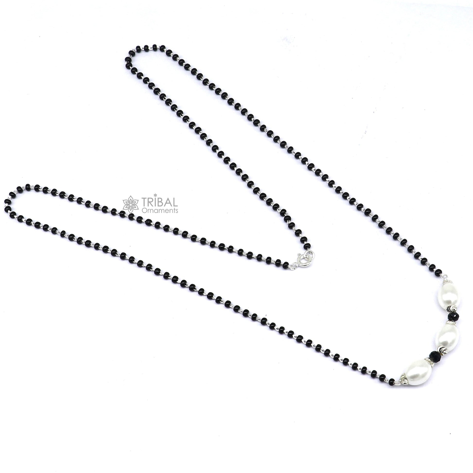 Elegant 925 sterling silver black beads chain necklace, gorgeous small stone design pendant, Mangalsutra chain beaded necklace set639 - TRIBAL ORNAMENTS