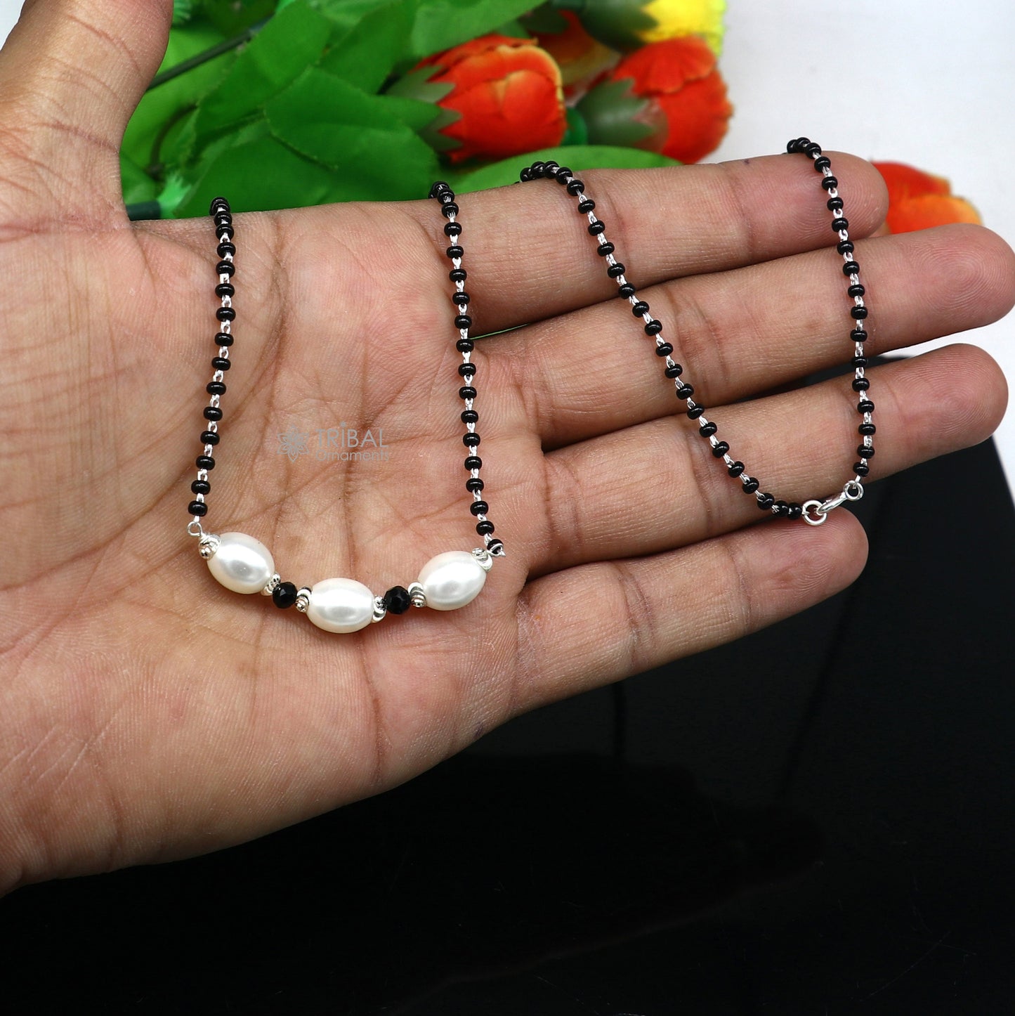 Elegant 925 sterling silver black beads chain necklace, gorgeous small stone design pendant, Mangalsutra chain beaded necklace set639 - TRIBAL ORNAMENTS