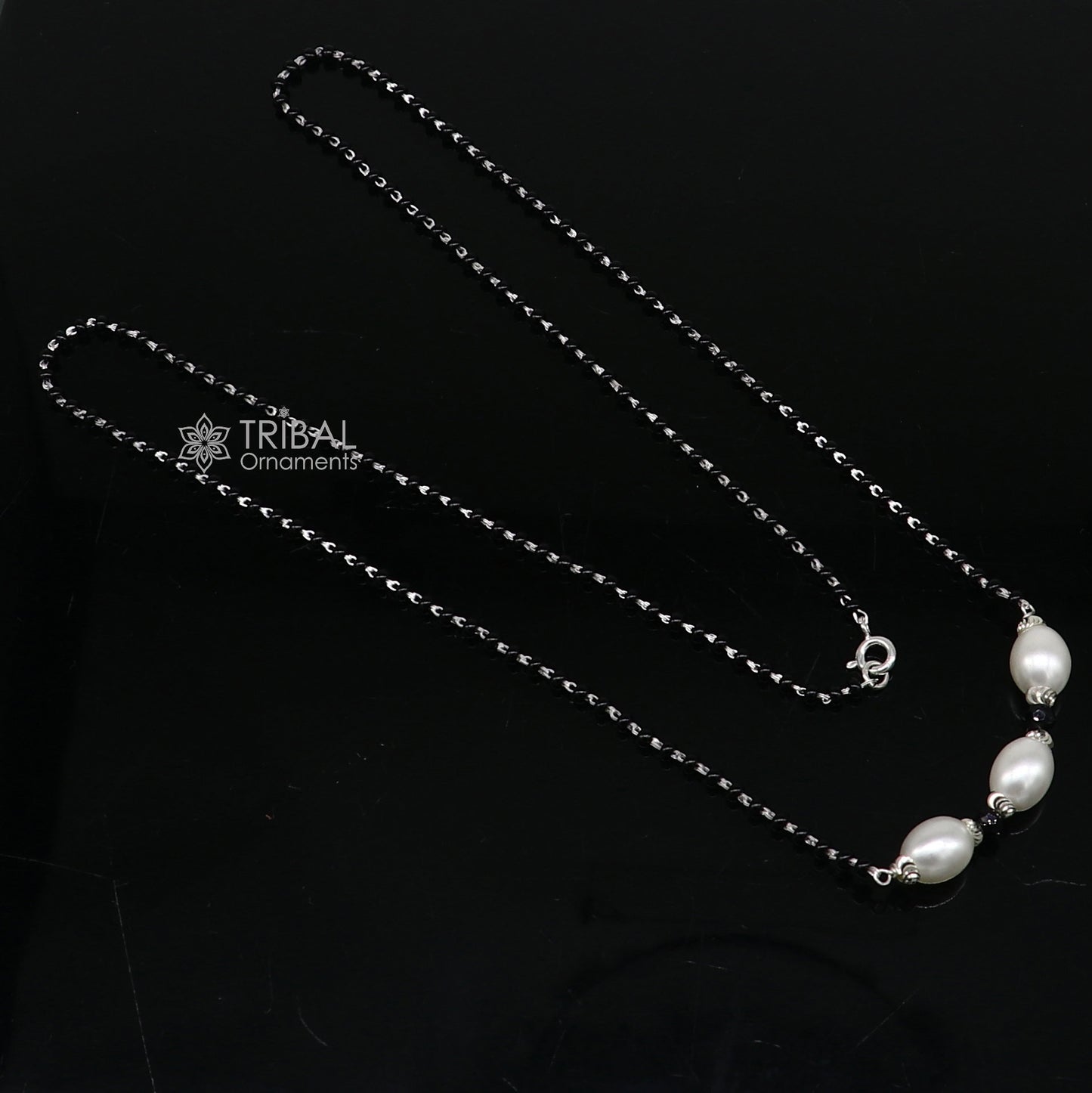 Elegant 925 sterling silver black beads chain necklace, gorgeous small stone design pendant, Mangalsutra chain beaded necklace set639 - TRIBAL ORNAMENTS