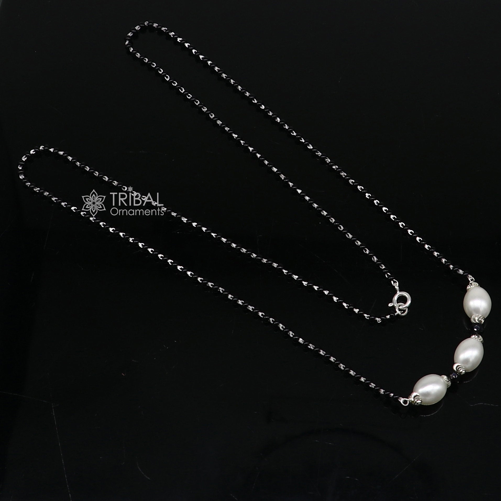 Elegant 925 sterling silver black beads chain necklace, gorgeous small stone design pendant, Mangalsutra chain beaded necklace set639 - TRIBAL ORNAMENTS