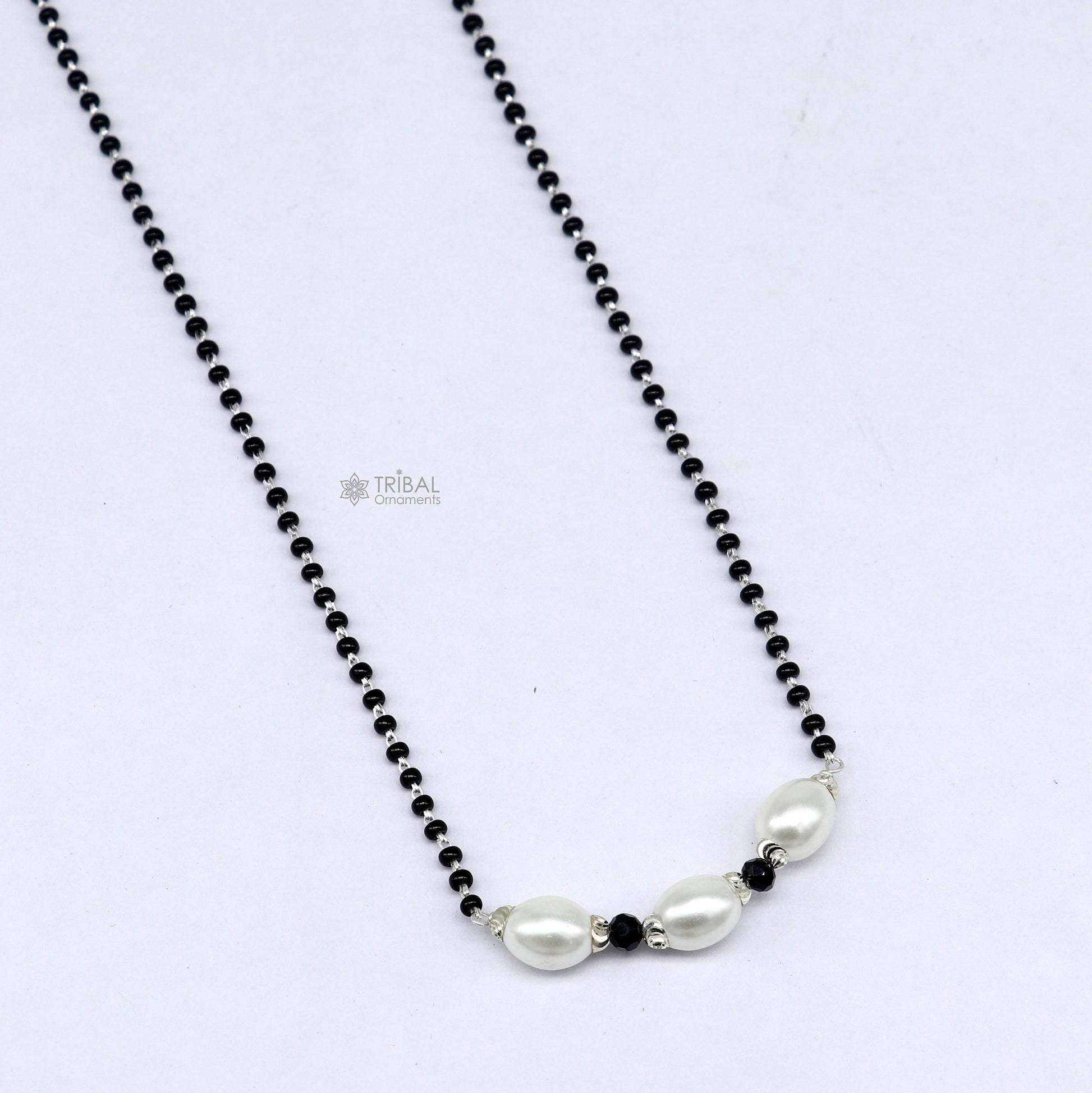 Elegant 925 sterling silver black beads chain necklace, gorgeous small stone design pendant, Mangalsutra chain beaded necklace set639 - TRIBAL ORNAMENTS