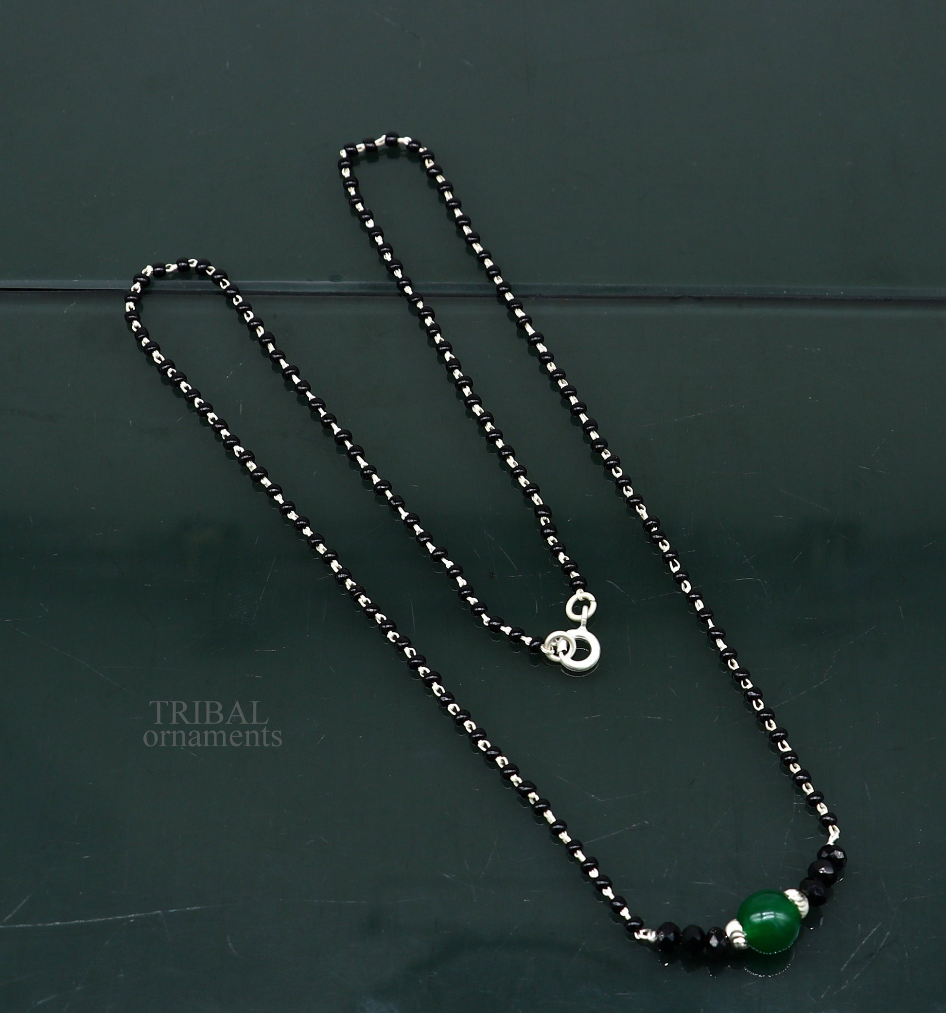 Exclusive 925 sterling silver black beads chain necklace, gorgeous small stone design pendant, Mangalsutra chain beaded necklace set329 - TRIBAL ORNAMENTS