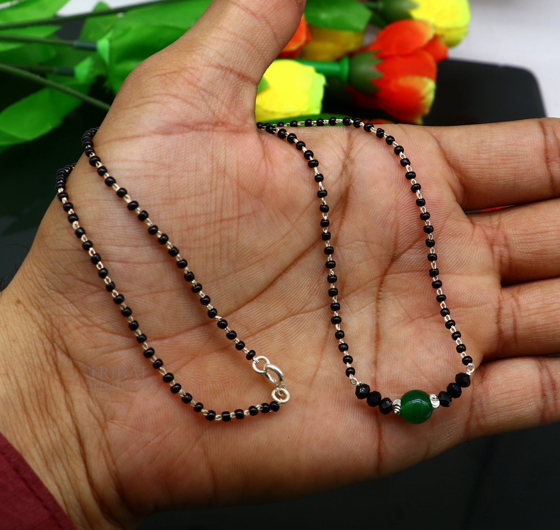 Exclusive 925 sterling silver black beads chain necklace, gorgeous small stone design pendant, Mangalsutra chain beaded necklace set329 - TRIBAL ORNAMENTS