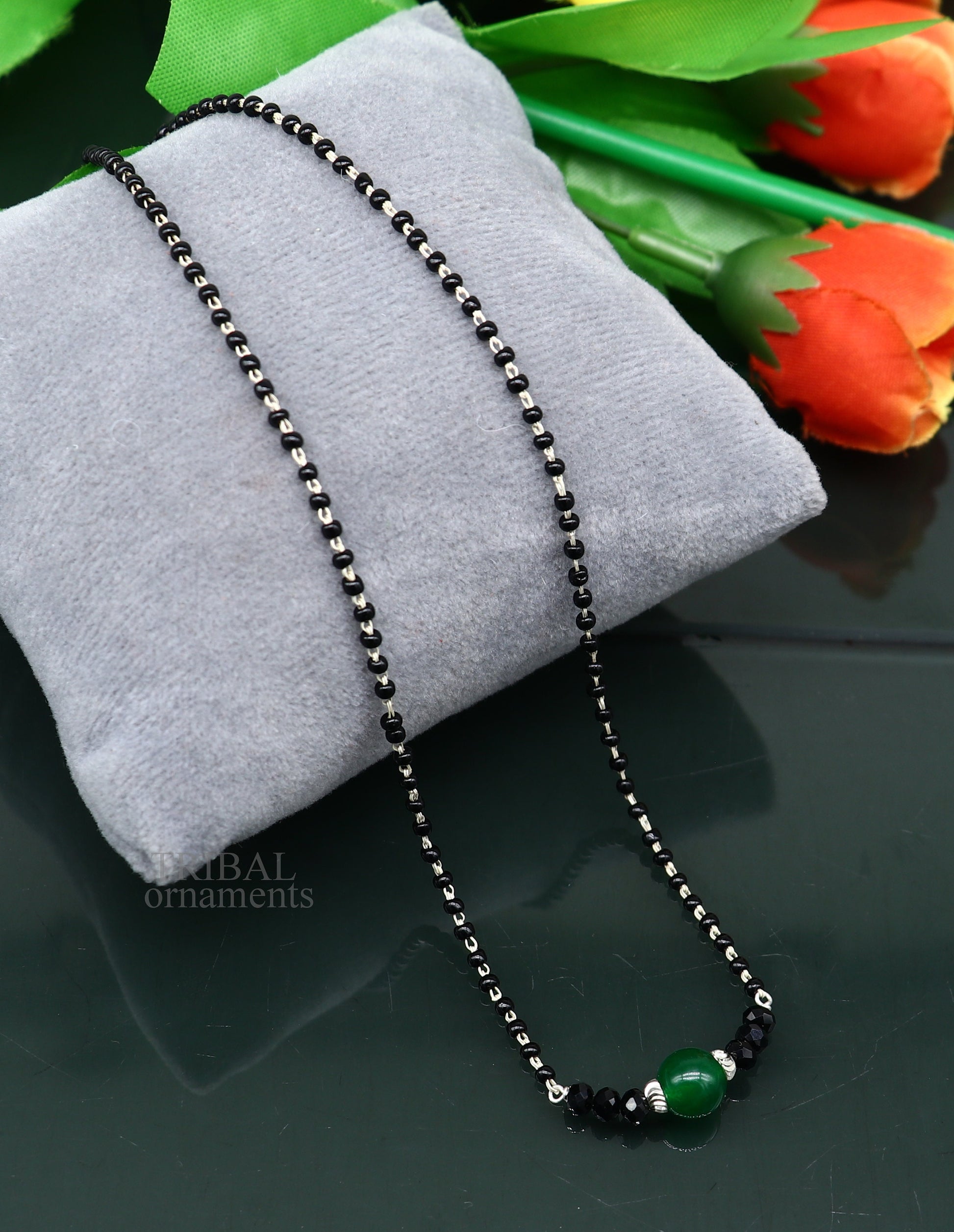 Exclusive 925 sterling silver black beads chain necklace, gorgeous small stone design pendant, Mangalsutra chain beaded necklace set329 - TRIBAL ORNAMENTS