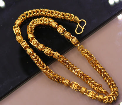 Genuine 22K yellow gold handmade Byzantine chain necklace, 7mm antique design, unisex Indian jewelry by TRIBAL ORNAMENTS.