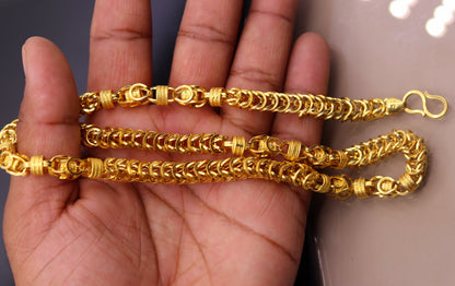 Genuine 22K yellow gold handmade Byzantine chain necklace, 7mm antique unisex design, certified Indian jewelry by TRIBAL ORNAMENTS.