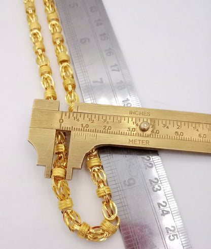 Handmade 22K yellow gold Byzantine chain necklace, 6mm wide, unisex, 20-inch Indian jewelry with intricate design.