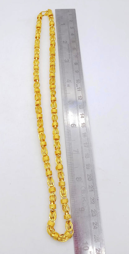 Handmade 22K yellow gold Byzantine chain necklace, 6mm wide, unisex, 20-inch Indian jewelry with intricate link design.