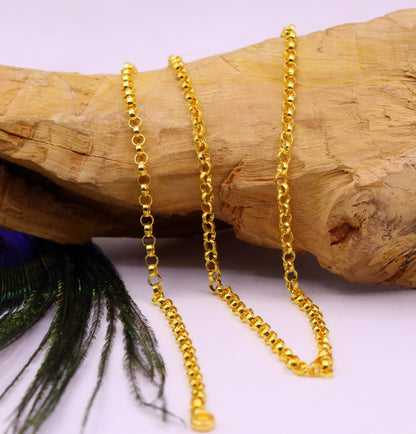 Handmade 22K yellow gold cable rolo chain necklace with genuine 916 hallmarked gold, stylish jewelry from India.