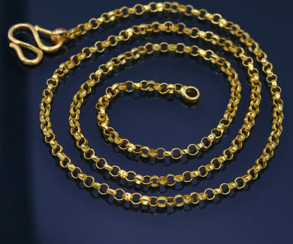 Handmade 22K yellow gold cable rolo chain necklace with genuine 916 hallmarked gold, stylish jewelry from India.