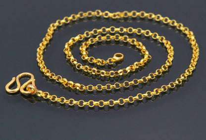 Handmade 22K yellow gold cable rolo chain necklace with hallmarked 916 stamp, stylish jewelry from India by TRIBAL ORNAMENTS.