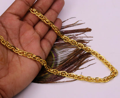 Handmade 22K yellow gold chain necklace, 7mm wide Indian designer jewelry with hallmarked craftsmanship by TRIBAL ORNAMENTS.