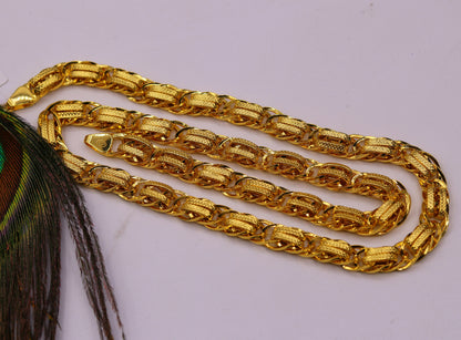 Handmade 22K yellow gold designer chain necklace, 7mm wide, Indian handcrafted jewelry by TRIBAL ORNAMENTS, perfect for gifting.