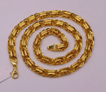 Handmade 22K yellow gold designer chain necklace, 7mm wide, Indian handcrafted jewelry by TRIBAL ORNAMENTS.