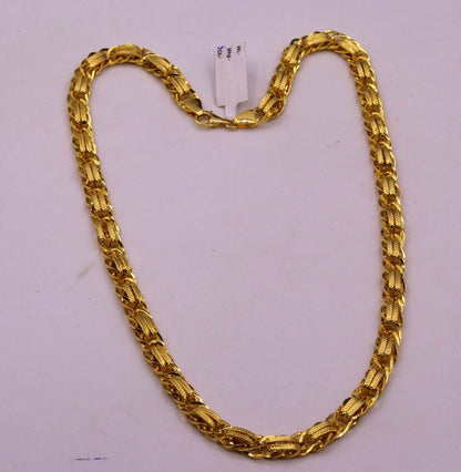 Handmade 22K yellow gold designer chain necklace, 7mm wide, Indian handcrafted jewelry with intricate detailing by TRIBAL ORNAMENTS.