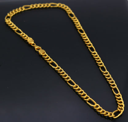 Handmade 22K yellow gold Figaro link chain necklace, 6mm wide, unisex jewelry by Tribal Ornaments.