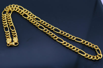 Handmade 22K yellow gold Figaro link chain necklace, 6mm wide, unisex jewelry with intricate design and polished finish.