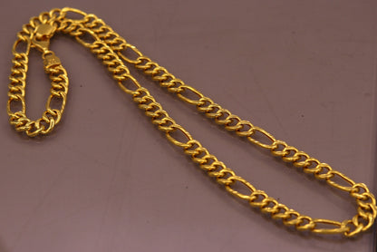Handmade 22K yellow gold Figaro link chain necklace, 6mm wide, unisex jewelry with intricate link design by TRIBAL ORNAMENTS.