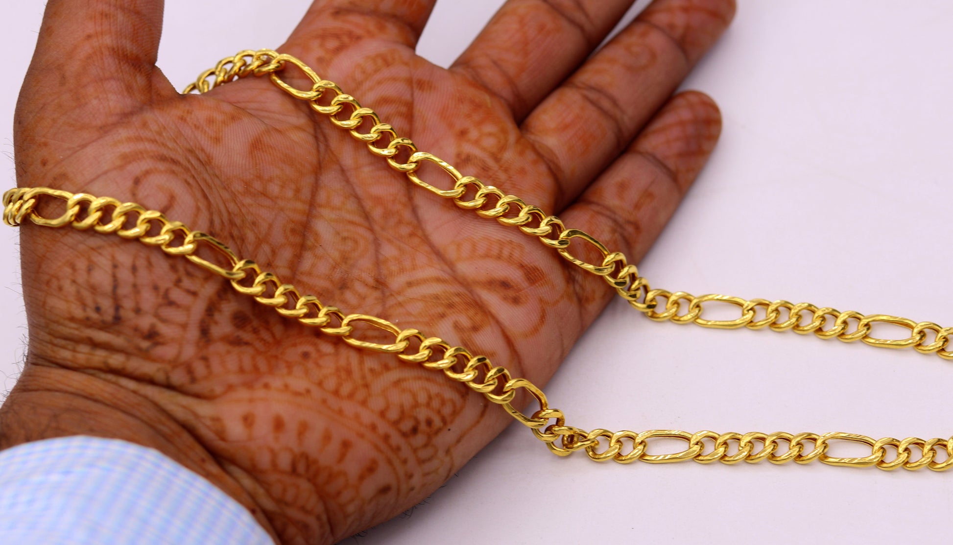 Handmade 22K yellow gold Figaro link chain necklace, 6mm wide, unisex jewelry with intricate links, perfect for gifting.