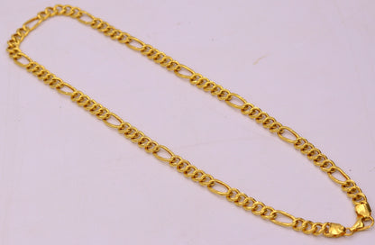 Handmade 22K yellow gold Figaro link chain necklace, 6mm wide, unisex jewelry with intricate gold links for gifting or everyday wear.