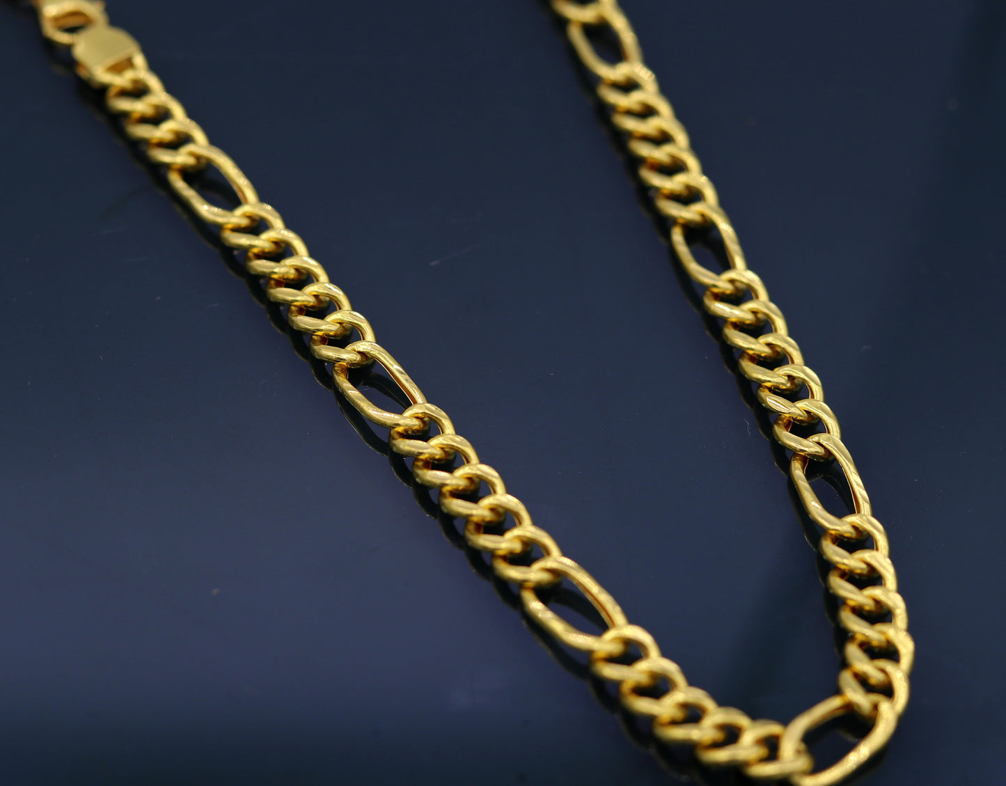 Handmade 22K yellow gold Figaro link chain necklace, 6mm wide, unisex jewelry with intricate craftsmanship by Tribal Ornaments.