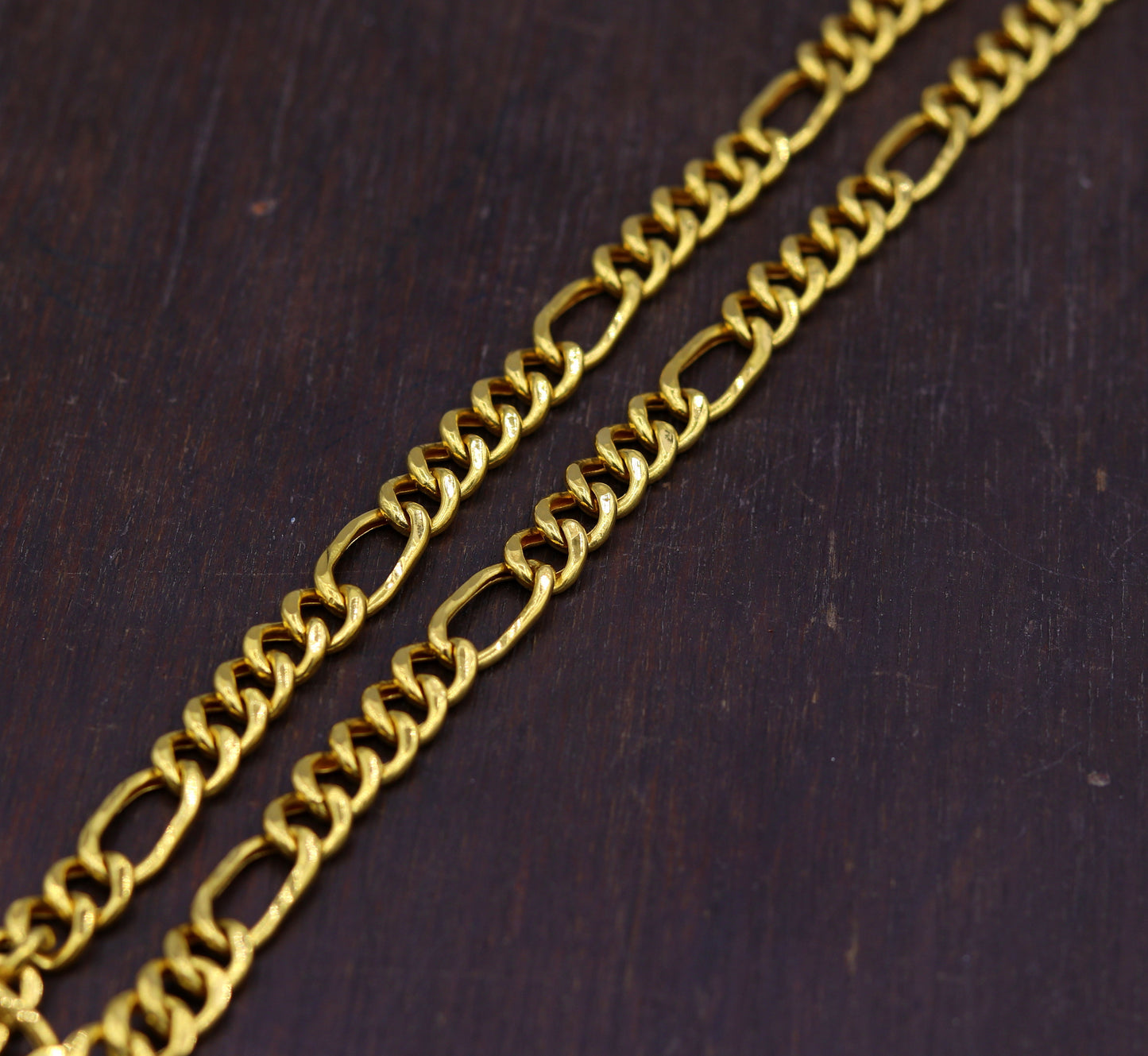 Handmade 22K yellow gold Figaro link chain necklace, 6mm wide, unisex jewelry with intricate link design by TRIBAL ORNAMENTS.