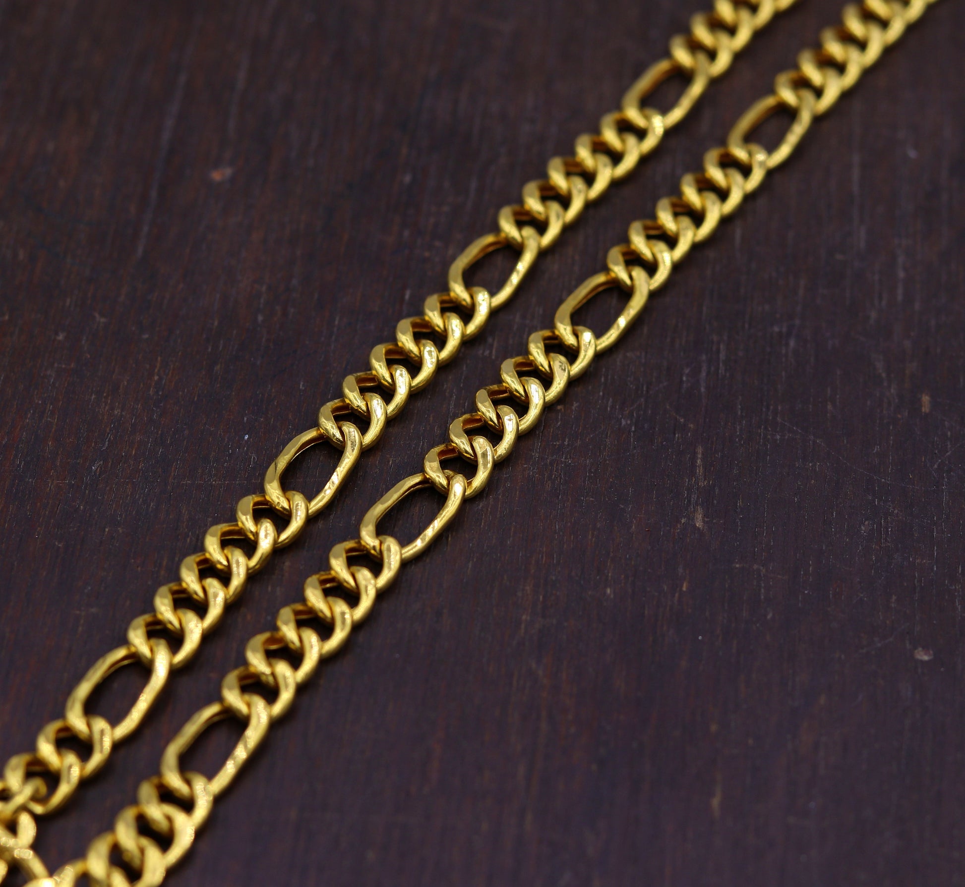 Handmade 22K yellow gold Figaro link chain necklace, 6mm wide, unisex jewelry with intricate link design by TRIBAL ORNAMENTS.
