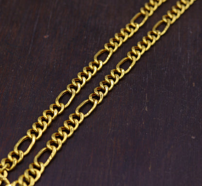 Handmade 22K yellow gold Figaro link chain necklace, 6mm wide, unisex jewelry with intricate link design by TRIBAL ORNAMENTS.