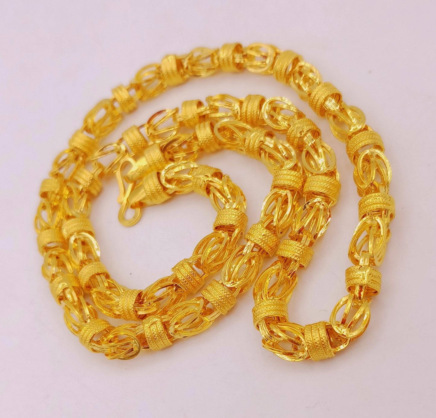 Handmade 22K yellow gold hollow Byzantine chain necklace, 6mm width, traditional Indian jewelry style.