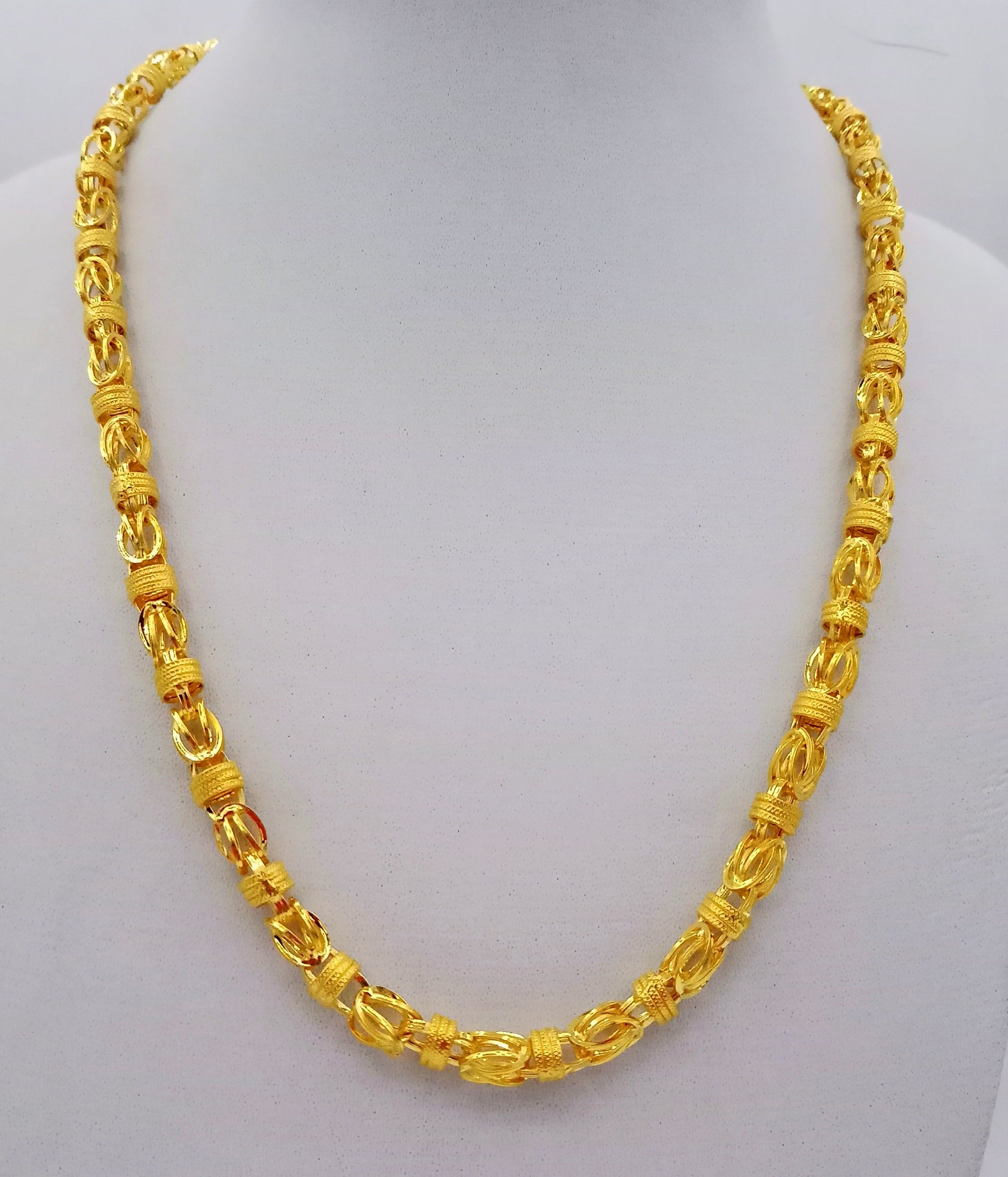 Handmade 22K yellow gold hollow Byzantine chain necklace, 6mm width, traditional Indian jewelry style by TRIBAL ORNAMENTS.