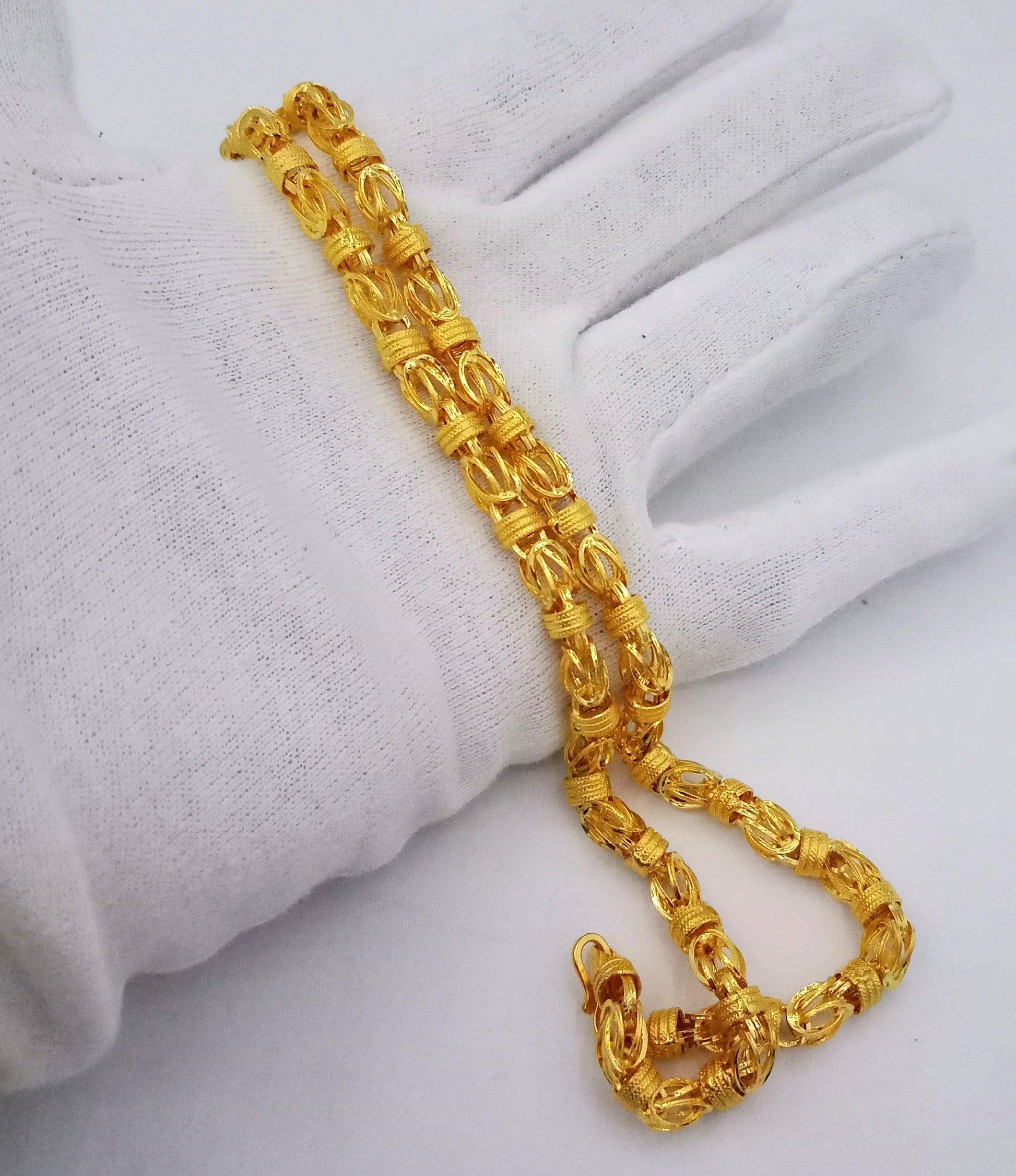 Handmade 22K yellow gold hollow Byzantine chain necklace, 6mm width, traditional Indian jewelry style with intricate design.