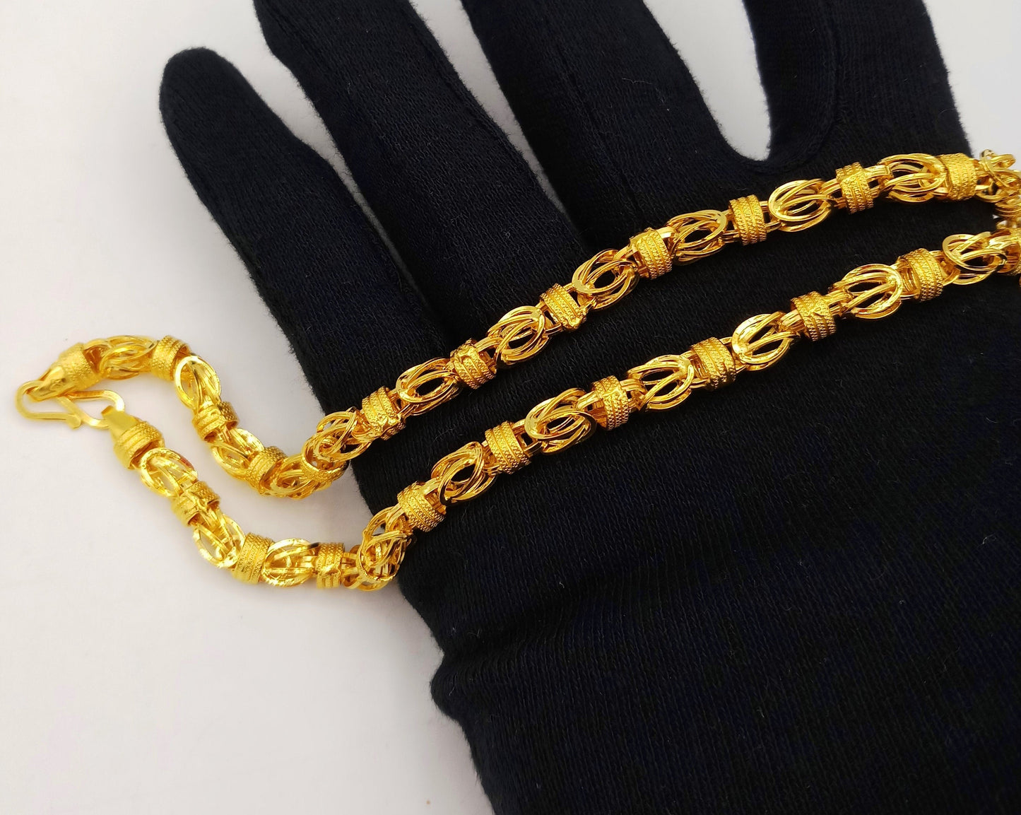 Handmade 22K yellow gold hollow Byzantine chain necklace, 6mm width, traditional Indian jewelry by TRIBAL ORNAMENTS