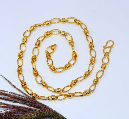 Handmade 22K yellow gold tribal design link chain necklace, 6.5mm wide, traditional Indian jewelry, gift-ready necklace.