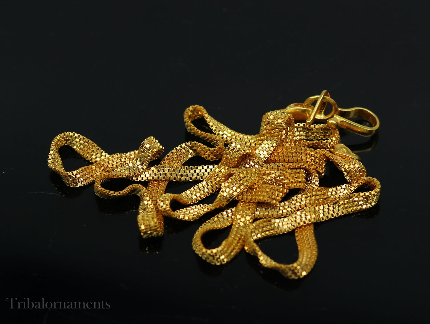 Handmade 22kt yellow gold multi box chain necklace from TRIBAL ORNAMENTS, unisex lightweight royal jewelry from India.