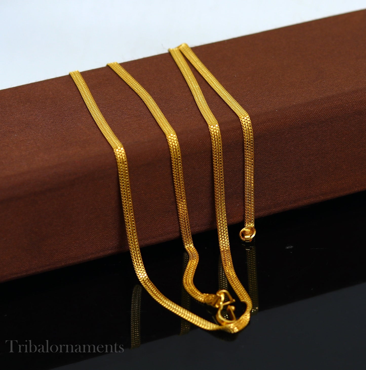Handmade 22kt yellow gold multi box chain necklace by TRIBAL ORNAMENTS, lightweight unisex highway chain with intricate custom work.