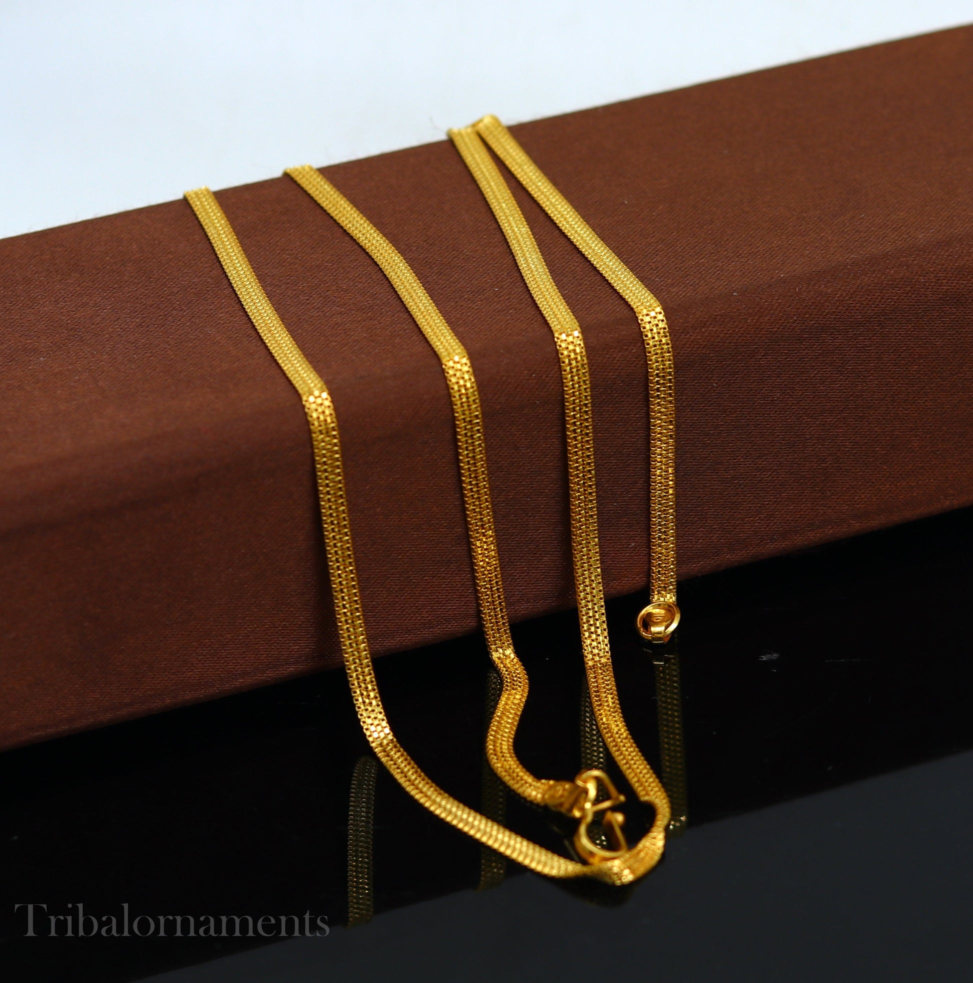 Handmade 22kt yellow gold multi box chain necklace by TRIBAL ORNAMENTS, lightweight unisex highway chain with intricate custom work.