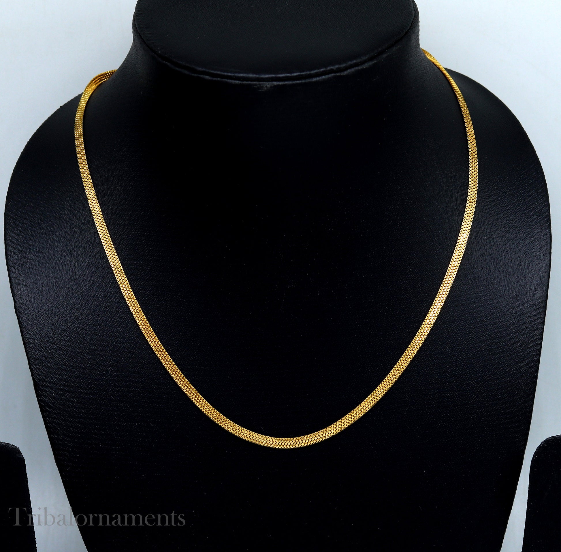 Handmade 22kt yellow gold multi box chain necklace by TRIBAL ORNAMENTS, lightweight unisex highway chain with intricate custom work.