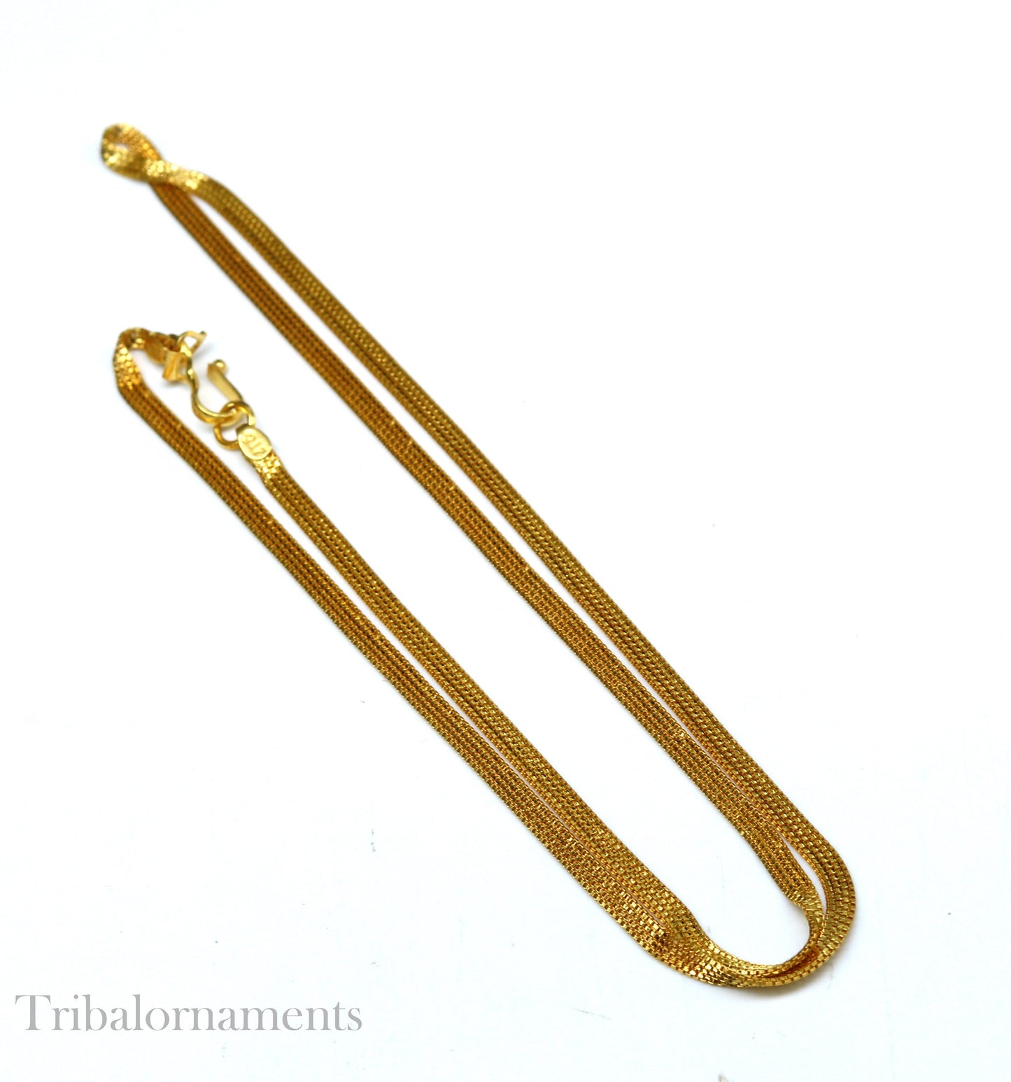Handmade 22kt yellow gold multi box chain necklace from TRIBAL ORNAMENTS, lightweight unisex jewelry with custom craftsmanship.