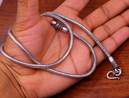 925 sterling silver snake chain necklace with vintage tribal design, 18-inch length, oxidized finish, screw clasp, handmade jewelry.
