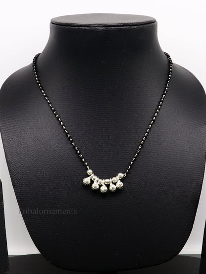 925 sterling silver black beads chain necklace, gorgeous small jingling bells design pendant, traditional style chain beaded necklace set226 - TRIBAL ORNAMENTS