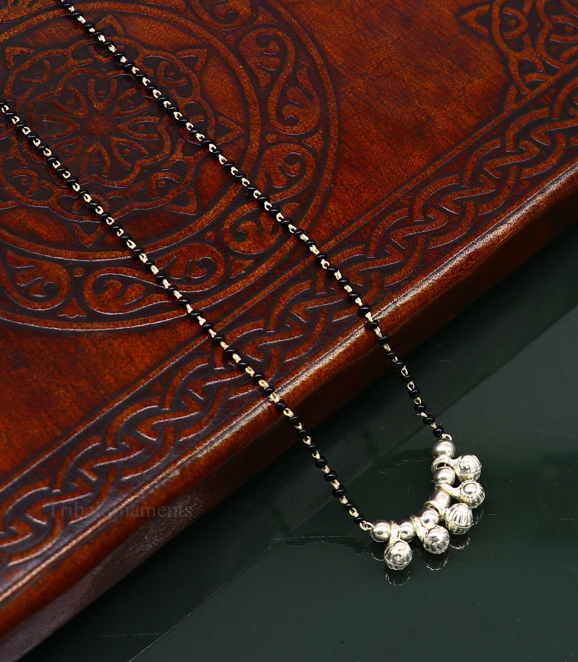 925 sterling silver black beads chain necklace, gorgeous small jingling bells design pendant, traditional style chain beaded necklace set226 - TRIBAL ORNAMENTS