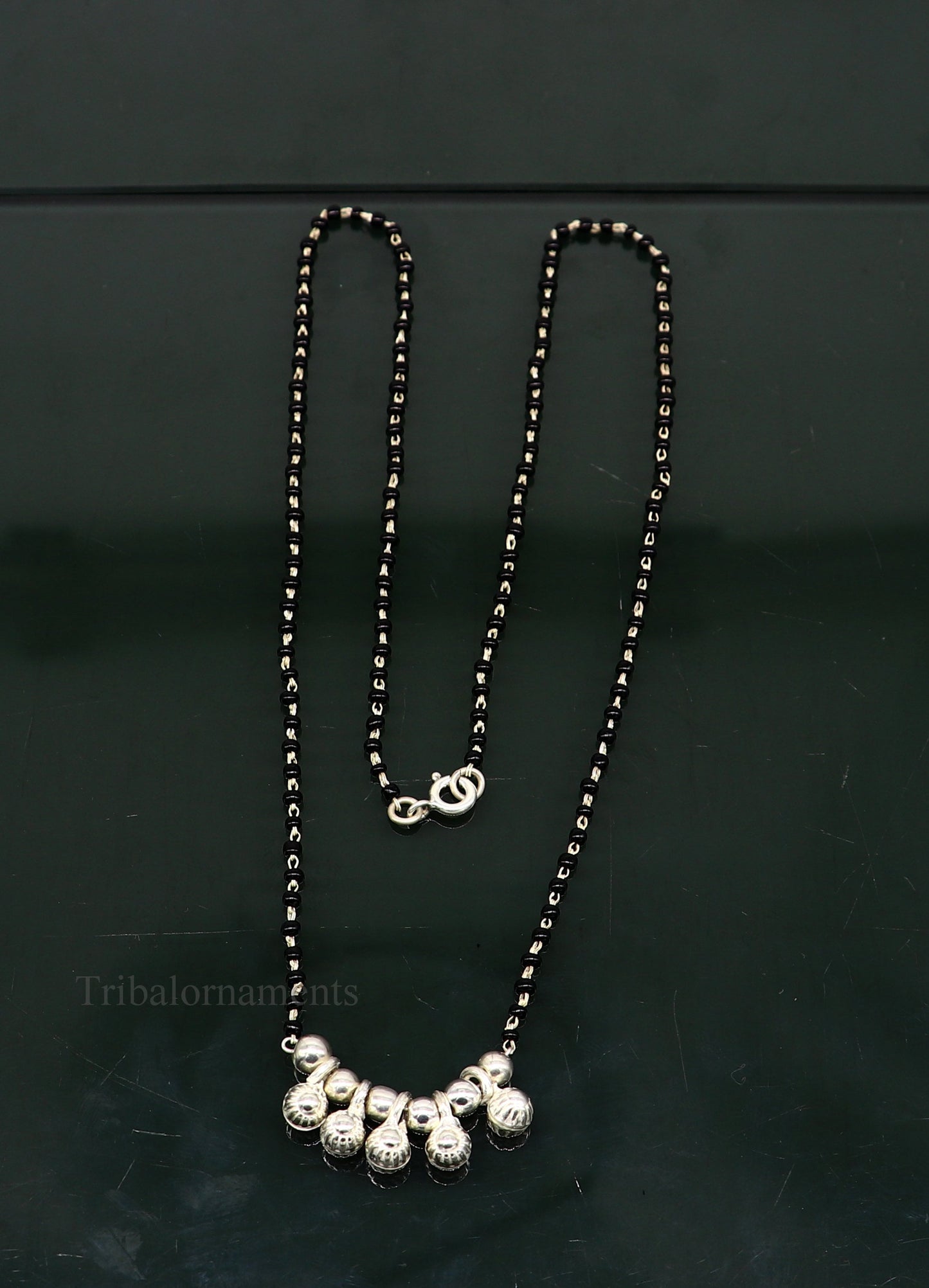 925 sterling silver black beads chain necklace, gorgeous small jingling bells design pendant, traditional style chain beaded necklace set226 - TRIBAL ORNAMENTS