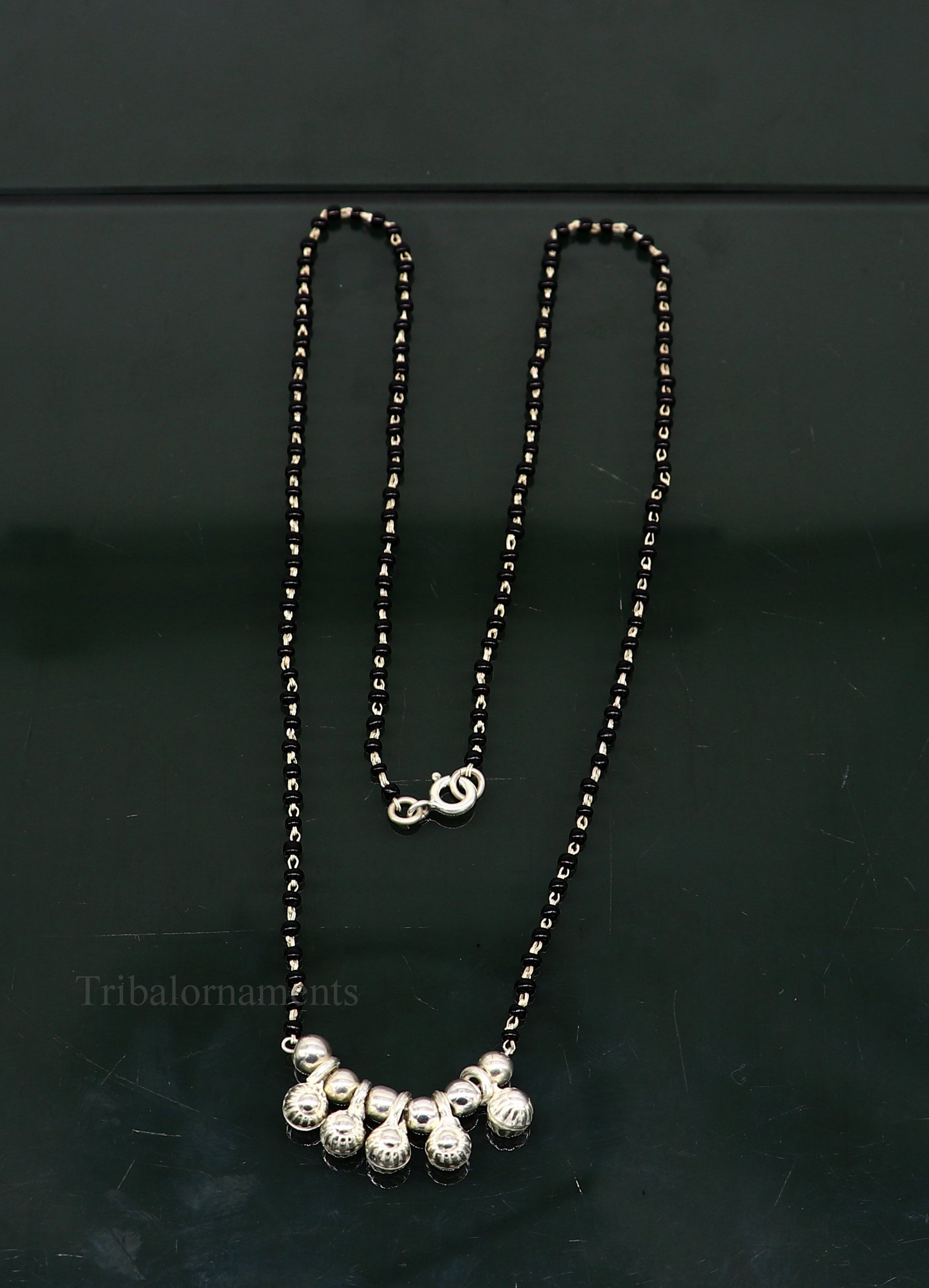 925 sterling silver black beads chain necklace, gorgeous small jingling bells design pendant, traditional style chain beaded necklace set226 - TRIBAL ORNAMENTS