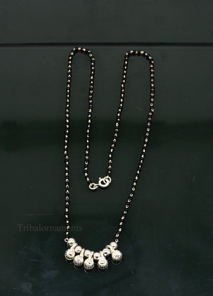 925 sterling silver black beads chain necklace, gorgeous small jingling bells design pendant, traditional style chain beaded necklace set226 - TRIBAL ORNAMENTS