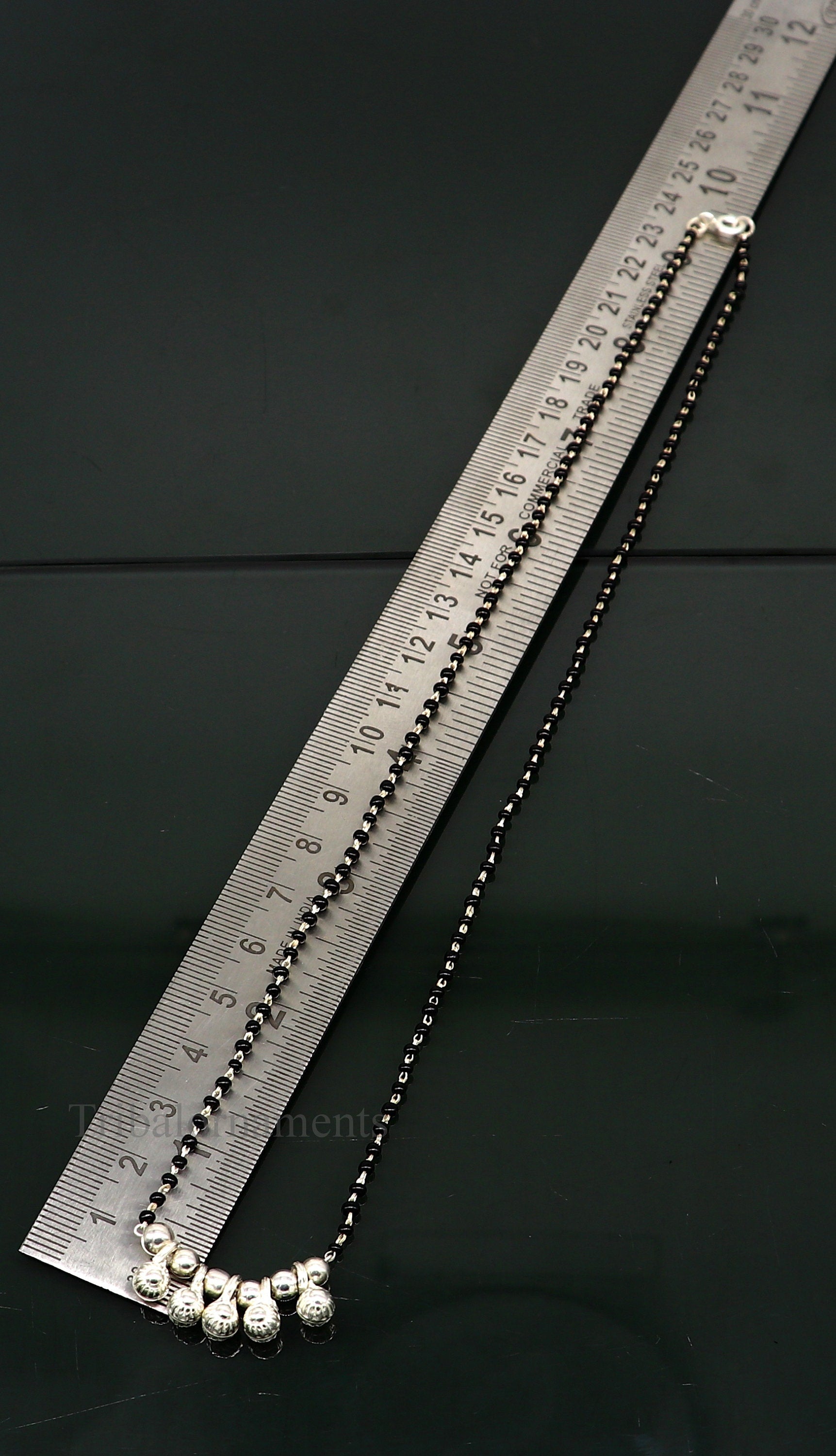 925 sterling silver black beads chain necklace, gorgeous small jingling bells design pendant, traditional style chain beaded necklace set226 - TRIBAL ORNAMENTS