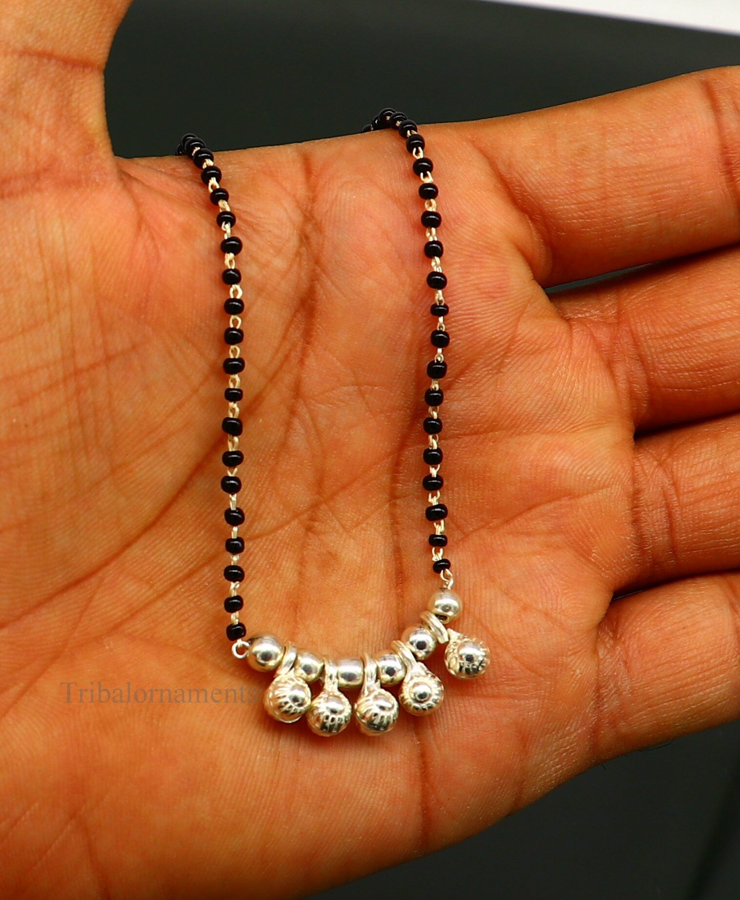 925 sterling silver black beads chain necklace, gorgeous small jingling bells design pendant, traditional style chain beaded necklace set226 - TRIBAL ORNAMENTS