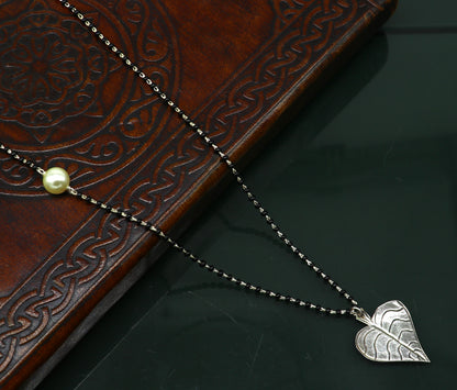925 sterling silver black beads chain with tree leaf pendant, traditional mangalsutra set by TRIBAL ORNAMENTS