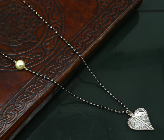 925 sterling silver black beads chain with tree leaf pendant, traditional mangalsutra set by TRIBAL ORNAMENTS