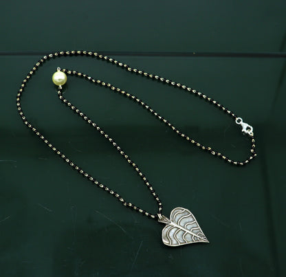 925 sterling silver black beads chain with tree leaf pendant, traditional mangalsutra set by TRIBAL ORNAMENTS