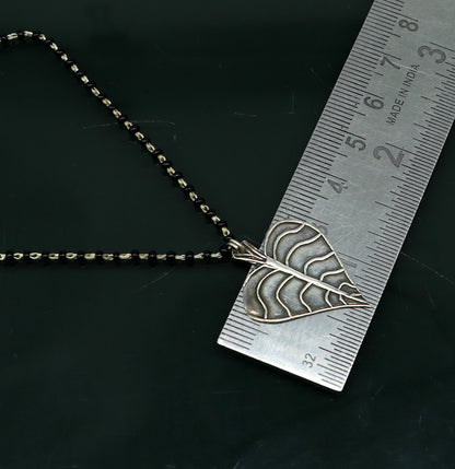 925 sterling silver black beads chain with tree leaf pendant, traditional mangalsutra set by TRIBAL ORNAMENTS.